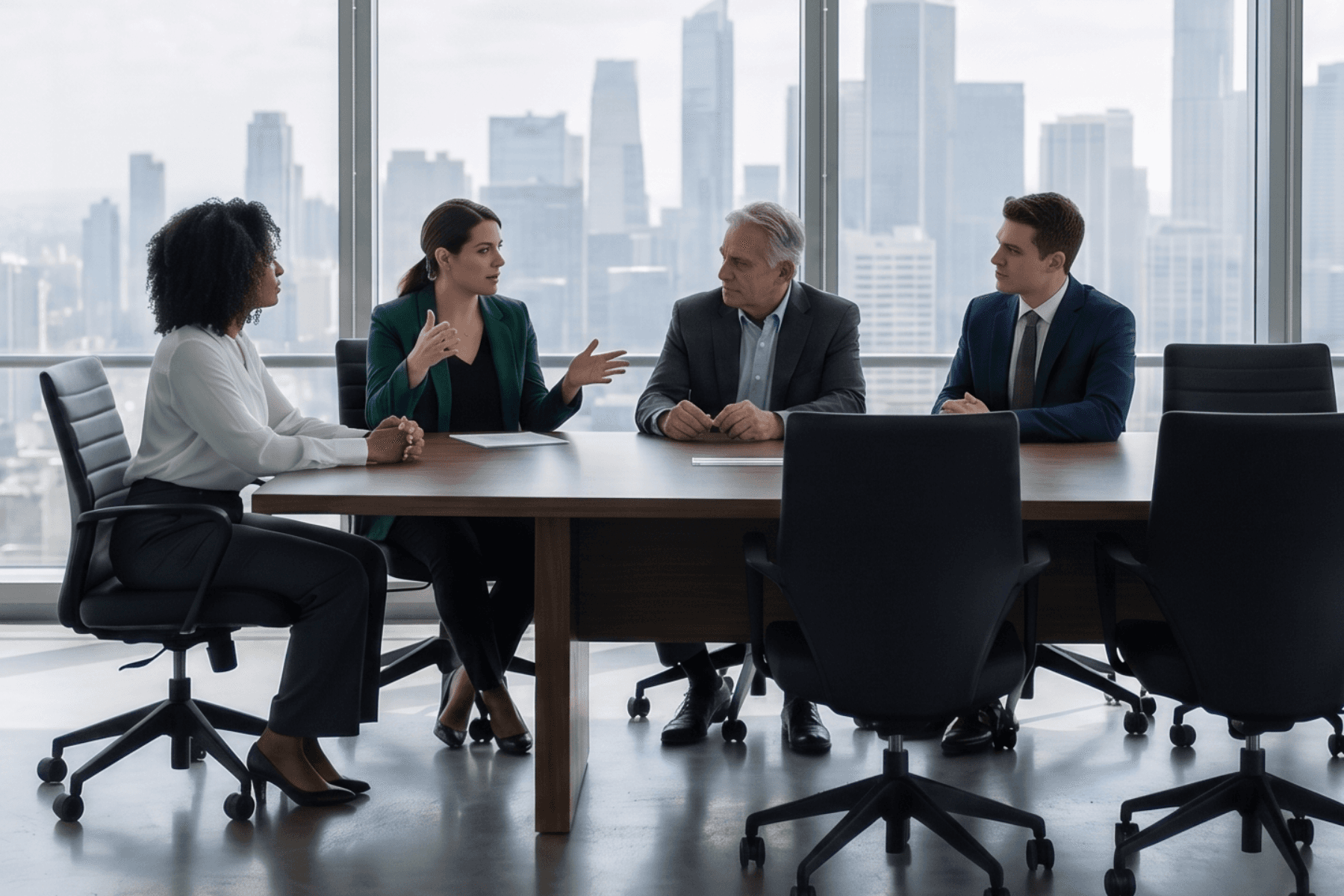 Equipo de abogados reunido en la sala de juntas de un bufete